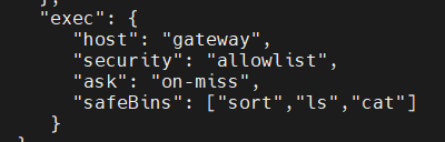 图4. openclaw.json 配置文件示例——safeBins 仅包含 sort、ls、cat